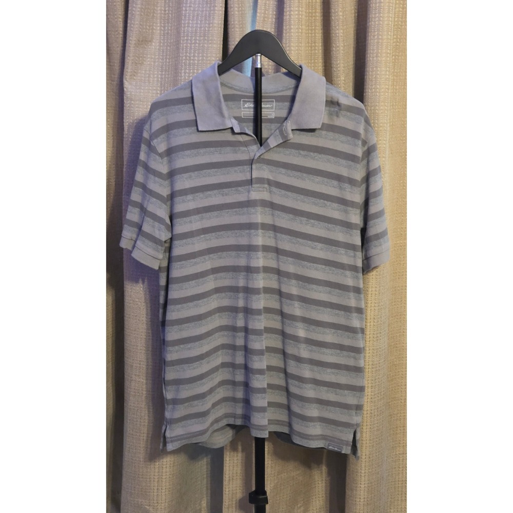 Eddie Bauer Short Sleeve Striped Polo Shirt Mens Size Large Gray